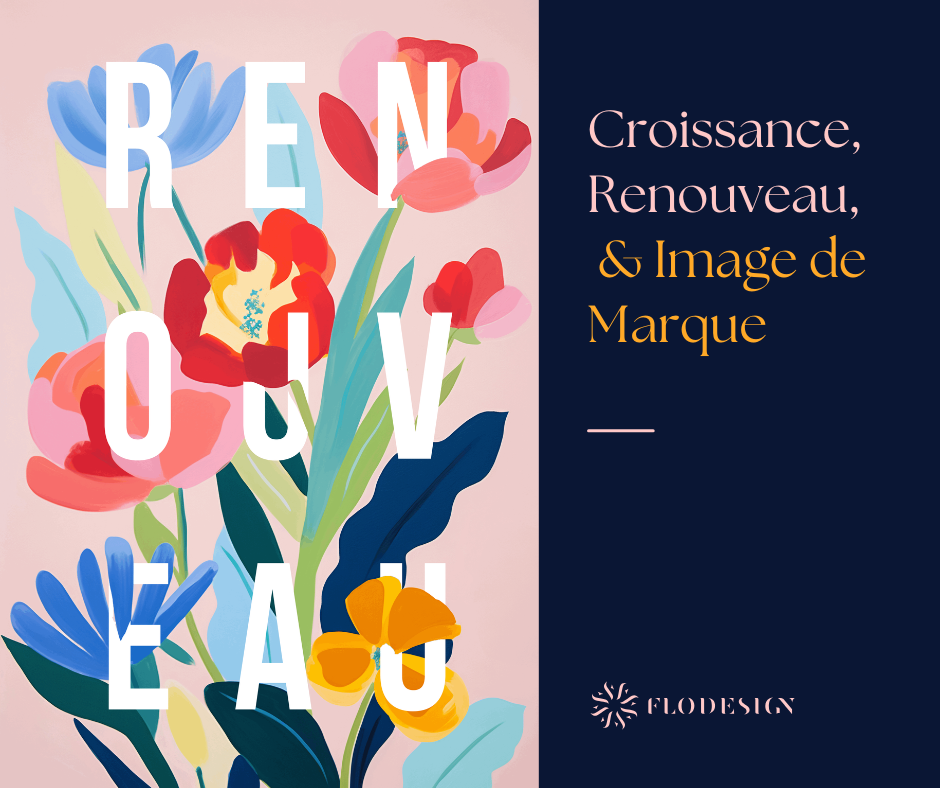 Illustration minimaliste représentant le mot RENOUVEAU intégré à une fleur, symbolisant la croissance et le renouveau printanier.